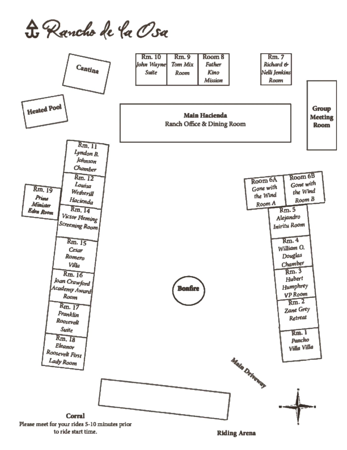Plan of Rancho de la Osa: the main hacienda with the ranch office and dining room in the centre, the cantina and heated pool to the north-west, the group meeting room to the north-east, a bonfire in the middle of the courtyard, and the corral and riding arena to the south. Guest rooms run in three rows: 10, 9, 8 and 7 along the north, 11 to 18 down the west wing with 19 set just off it, and 6A, 6B and 5 down to 1 along the east.